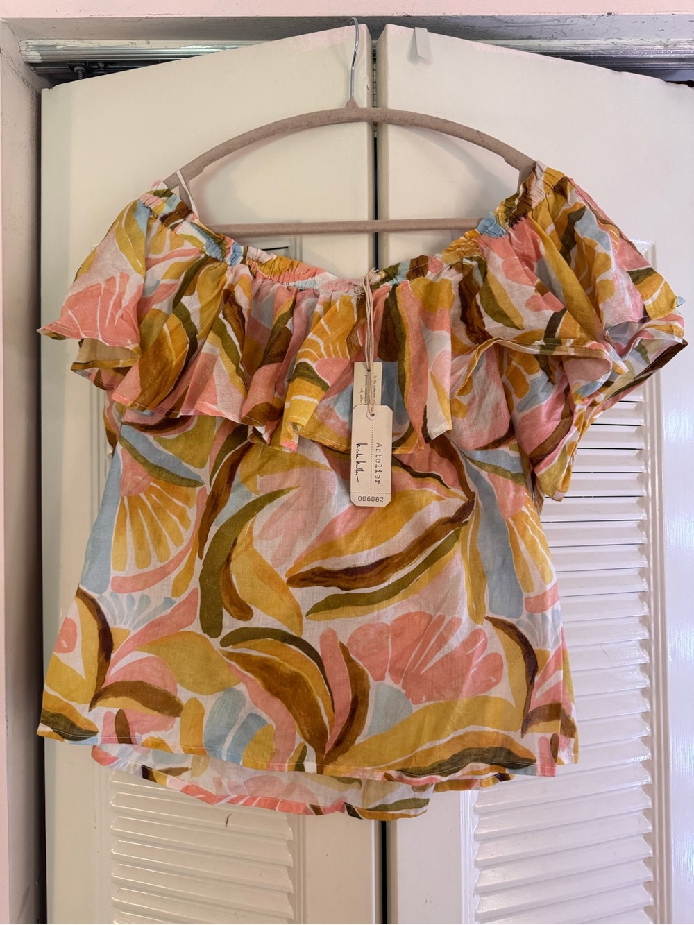 Ella Moss Floral Off-Shoulder Ruffle Blouse in Pink, Mustard & Blue